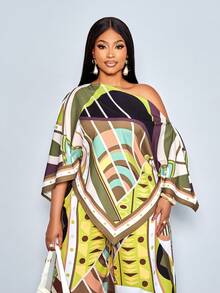 SOLERSUN Plus Size Women's Green Summer Elegant Vacation Geometric Floral Print Asymmetrical Hem Shirt,Off-Shoulder Slit Batwing Sleeves Loose Fit Blouse - Army Green - View 8