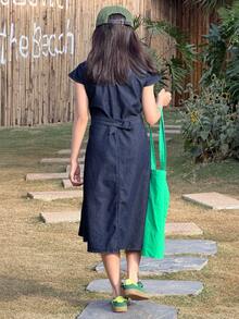 DAZY Vestido vaquero con cuello para niñas, ropa de otoño para niñas preadolescentes - Azul lavado oscuro - Ver 2