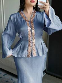 Dazy Plus 大码女式亮片V领装饰长袖上衣和宽松长裙两件套，适合派对和宴会，春秋季穿着 - 藍色 - 查看 3