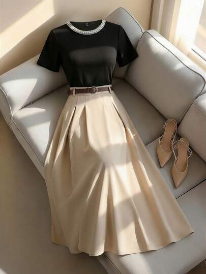 Franclia Women's Casual And Elegant Black Crew Neck Pearl-Embellished Short-Sleeve Fitted Shirt+Khaki Loose Long Flared Midi Skirt With A Free Belt,Summer 2Pcs Suit Suitable For Daily Waer/Commute Outfit/Relaxing Vacation