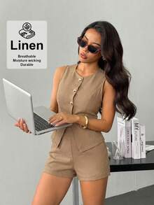 SHEIN PETITE Damen Taillenanzug, elegant und lässig - Khaki - Übersicht 3