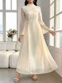 Veilorie Modest Casual Vacation Pleated Arabic Style Dress For Women Dress Modest - Apricot - View 4
