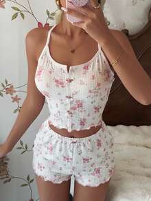 SHEIN Knitted Jacquard Bow Tie Criss-Cross Design Romantic Fitted Women Pajama Set - White - View 5