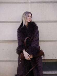 ORNATELLA 女士优雅修身仿皮草泰迪绒拼接长款仿皮草外套，冬季 - 棕色 - 查看 3