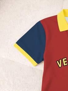 Rovax 女士字母印花撞色 Polo 领短袖休闲上衣 - 紅色 - 查看 5