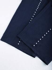 Franclia Plus Size Women's Pearl Embellished Straight Wide Leg Pants,Elegant Navy Blue Linen-Like Textured Fabric For Autumn Tea Party Commute Formal Daily - Navy Blue - View 3
