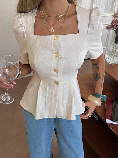 Strévra Women's Solid Color Button Casual Versatile Daily Wear Petal Sleeve Blouse