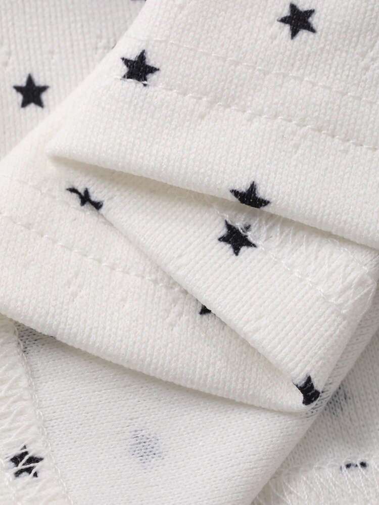 Star Print Contrast Color Heart Button Decor Fitted Women Pajama Set