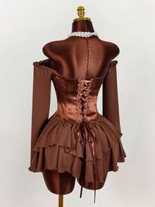 Amplova Đầm ngắn tay dài trễ vai cho nữ, màu trắng, xếp ly jacquard, thắt eo, dây buộc xếp ly, dây đeo bèo nhún, trễ vai, nhiều lớp bèo nhún ở gấu váy, dáng chữ A, chất liệu chiffon, thanh lịch cho tiệc tùng và mùa thu/đông. - màu nâu - Xem 7