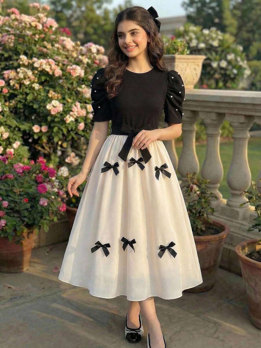 少女时尚蝴蝶结针织短袖连衣裙 - 黑與白 - 查看 1