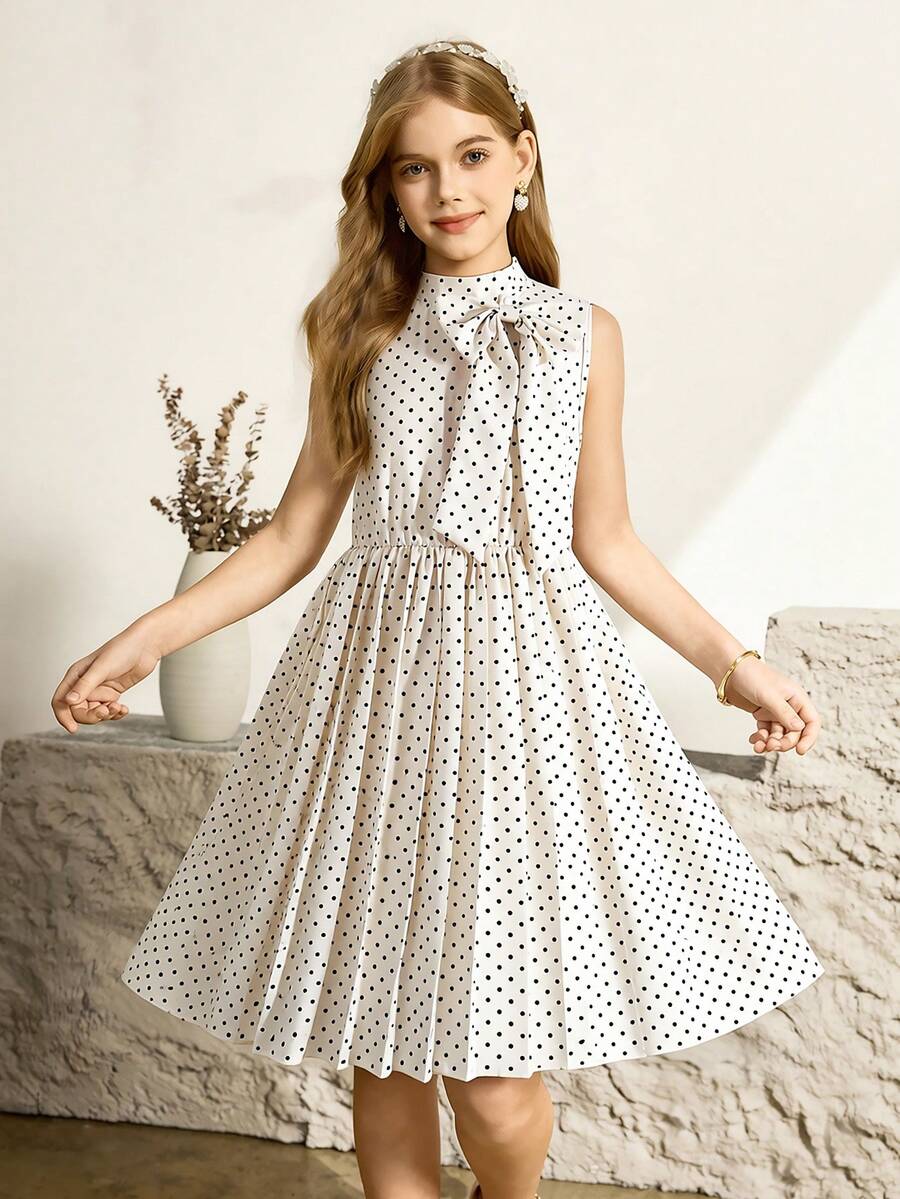 SHEIN Đầm không tay thanh lịch, tối giản dành cho thiếu nữ, vải in chấm bi, nơ 3D có thể tháo rời, kiểu dáng cổ điển, phù hợp mặc hàng ngày và dự tiệc mùa hè. - Màu be - Xem 1