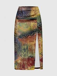 ROMWE 神秘嬉皮风大象与佩斯利印花撞色复古高开衩女装 - 彩色 - 查看 1