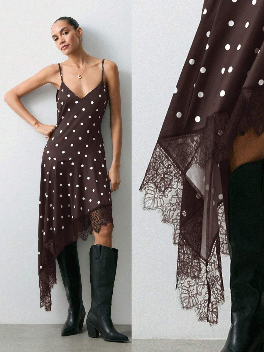 Maija 早春吊带波点蕾丝拼接女士吊带裙，适合情人节派对 - 棕色 - 查看 1