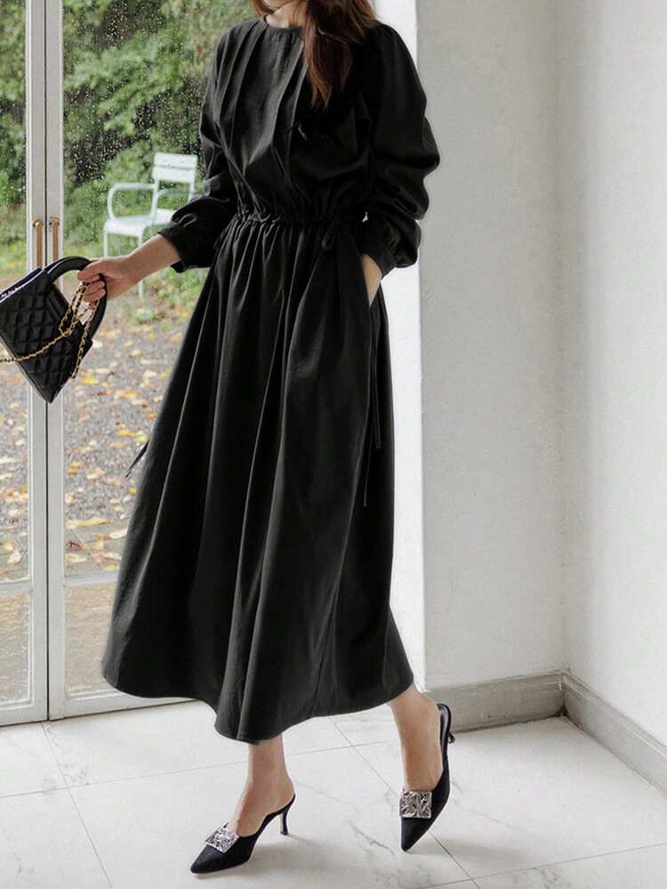 Women's Round Neck Long Sleeve Loose Drawstring Dress Sundress Summer