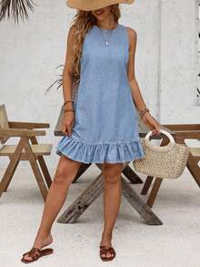 EMERY ROSE Women's Round Neck Casual Denim Dress With Ruffle Hem And Button Back Design, Sleeveless - Light Wash - View 2