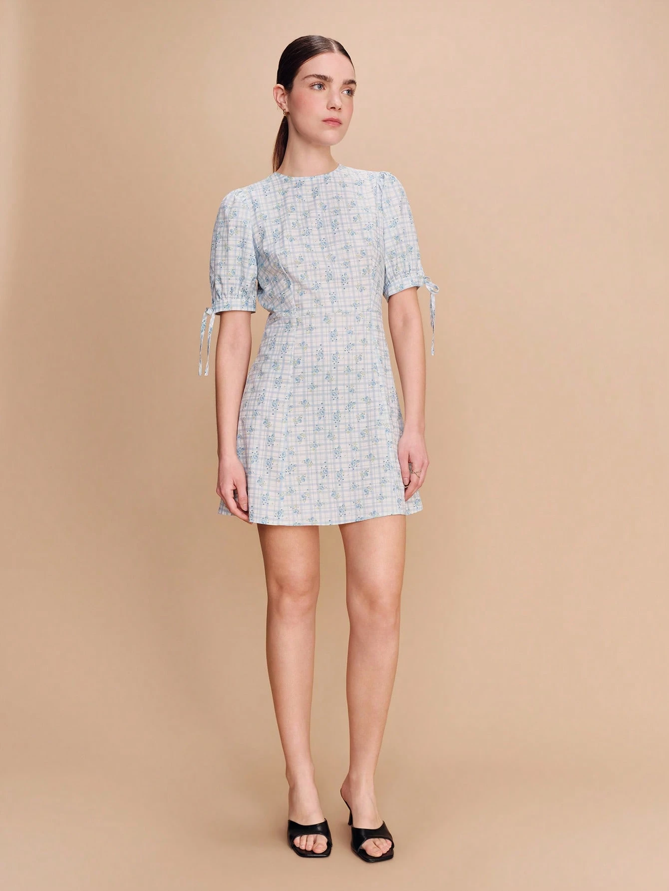 Short Dress With Blue Checkered Floral Print And Tied Sleeves Cute Style Spring Summer Vacation French Style Parisian Style Wedding Guest Dress