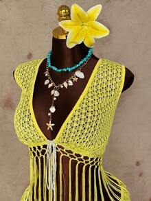 Sunspun Elegant Hollow-Out Fringed Sexy Crop Top & Skirt Set, Suitable For Beach Vacation - Yellow - View 5
