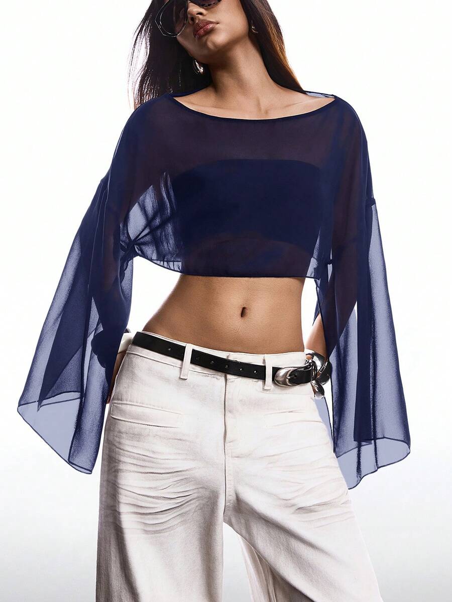 SHEIN EZwear 女士纯色船领披肩短款薄纱上衣 - 藏蓝色 - 查看 1