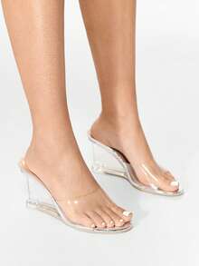 Glitzique Nuevos zuecos de verano para mujer de tacón alto, zuecos transparentes de plataforma, sandalias de moda con tacón asimétrico de cristal - Plateado - Ver 6