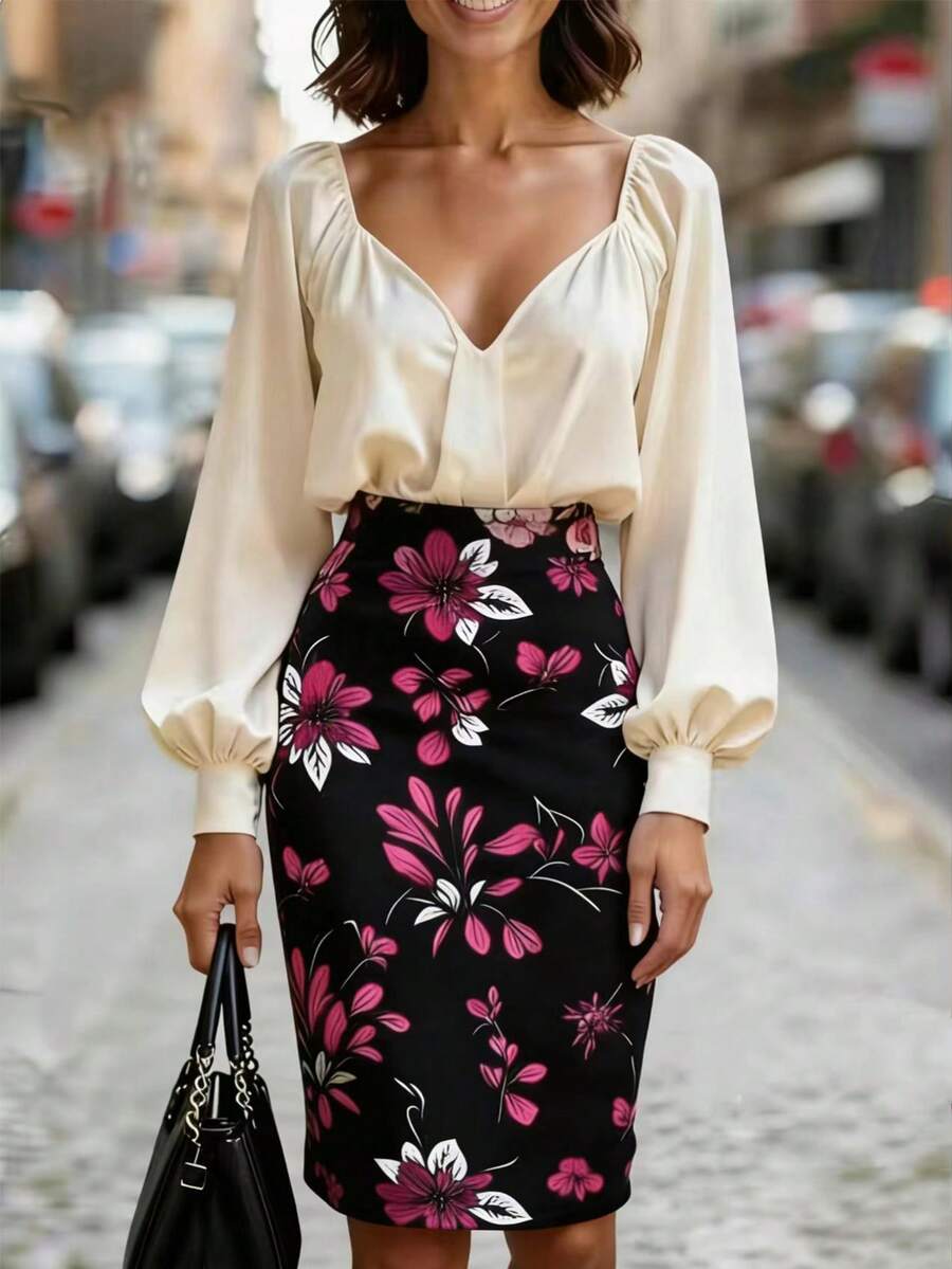Balvessa Women's Elegant Commuter Solid Color Lantern Sleeve Blouse & Floral Print A-Line Skirt 2-Piece Set - Multicolor - View 1