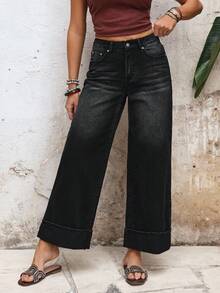 Women's Vacation Casual Washed Wide Leg Jeans - Black - View 1