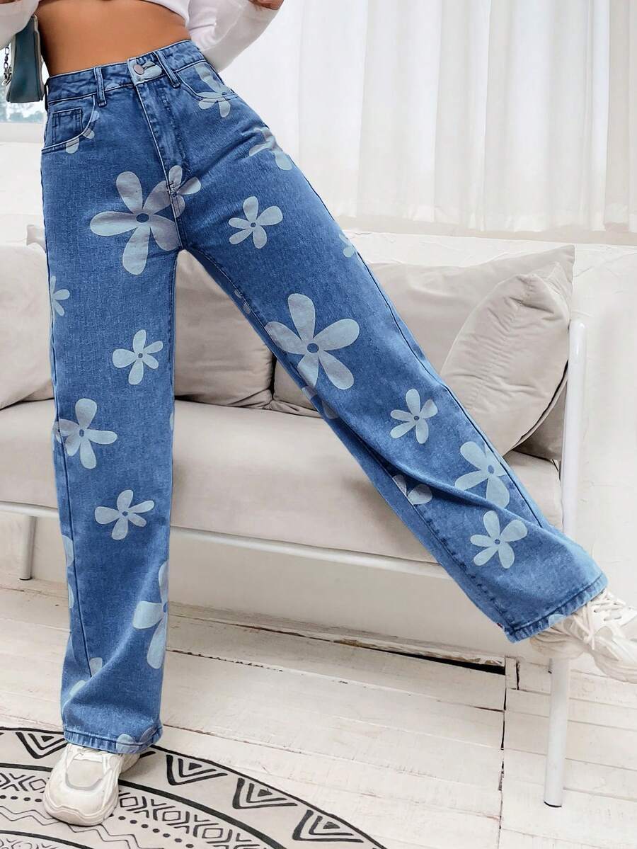 SHEIN EZwear 休闲水洗印花直筒牛仔裤 - 深色水洗藍 - 查看 1