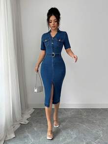 Elenzga Women's Casual Washed Fitted Denim Dress, Summer - Blue - View 6