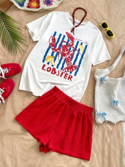 Soleia Conjunto de 2 piezas para vacaciones de mujer: Camiseta con estampado de criaturas marinas + Pantalones texturizados en azul marino, adecuado para playa, crucero, vacaciones en la ciudad, citas, té de la tarde, vacaciones, picnic, festival de música, estilo bohemio, playa, verano, vacaciones retro, festival de música, ir y venir