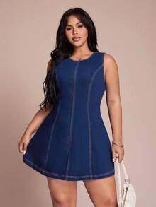 SHEIN CURVE+ Plus Size Navy Blue Summer Sleeveless Denim Dress,Women's Curve Friendly Smart Casual Round Neck Mini Dress For Everyday Wear,Chic Elegant Party Y2k - Blue - View 3