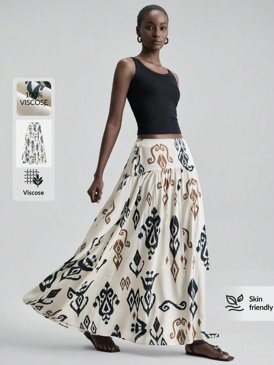 Ontre 女士印花亚麻混纺舒适吸湿面料常规腰部拼接褶皱中长A字裙，现代都市时尚商务休闲办公装，优雅机场邮轮造型，百搭高品质轻盈奢华半身裙 - 彩色 - 查看 1