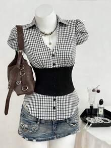 Sweetra Áo sơ mi tay ngắn in hoa, kiểu dáng cổ điển phối nhiều mảnh, giúp thon gọn vòng eo, phù hợp cho mùa xuân/hè và đi làm. - màu đen - Xem 7