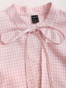 Sweetra 夏季新款可爱花瓣袖格子蝴蝶结腰部镂空短款上衣，粉色，适合春夏度假穿着 - 粉色 - 查看 4