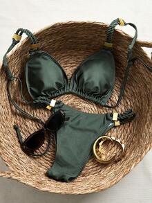 Swim Chiccia 女士新款纯色手工绳带泳衣上装和侧边绳带泳裤性感泳装套装 - 綠色 - 查看 2