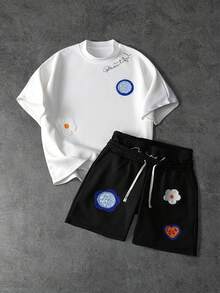 Manfinity Roghcode Men's Embroidered T-Shirt And Shorts Set - Black and White - View 3