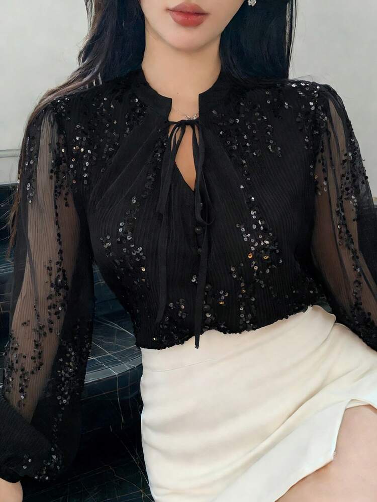 Sequin Pleated Fabric Elegant Tie-Front Long Sleeve Blouse For Women, Summer