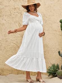 Boho Mama 孕妇夏季海滩度假风纯色雪纺甜心领花瓣袖荷叶边下摆连衣裙 - 白色 - 查看 5