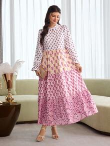 Al Najma 优雅碎花花瓣袖连衣裙，立领设计，度假风 - 彩色 - 查看 4