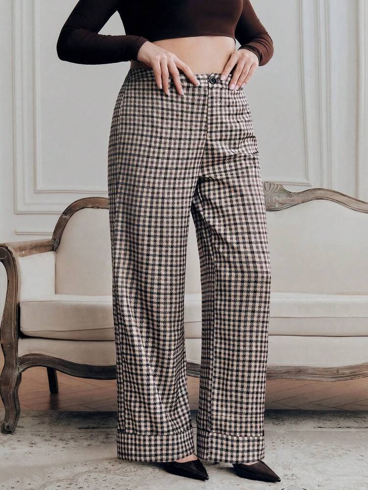 Plus Size Classic Plaid Straight-Leg Dress Pants, Draping Slimming Effect, Versatile For Commuting, Brown