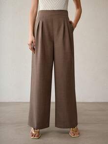 MOTF PREMIUM SOLID HIGH WAIST FOLD PLEATED WIDE LEG PANTS - Brown - View 2
