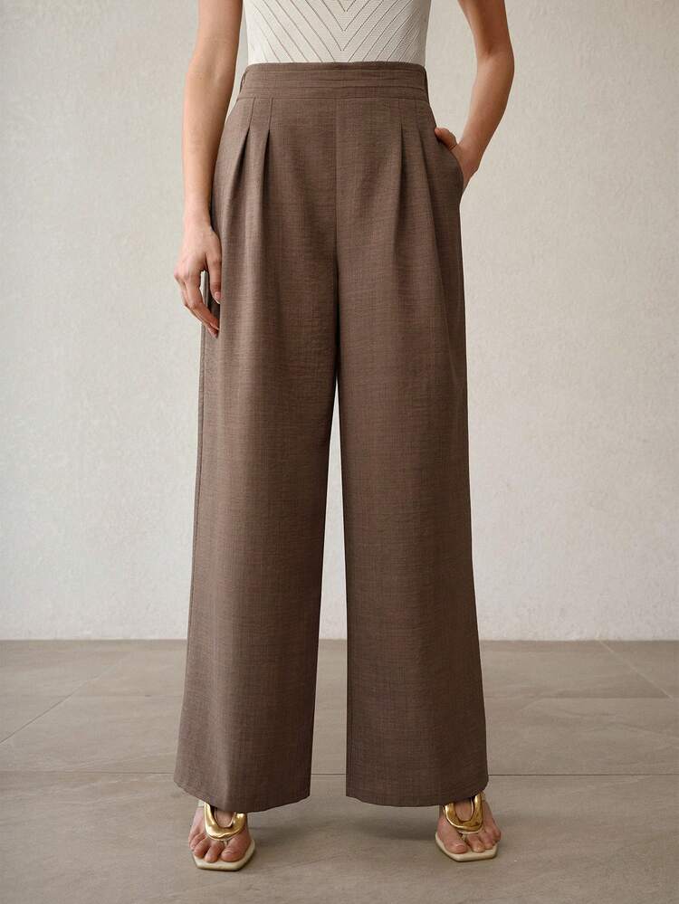 SOLID HIGH WAIST FOLD PLEATED WIDE LEG PANTS