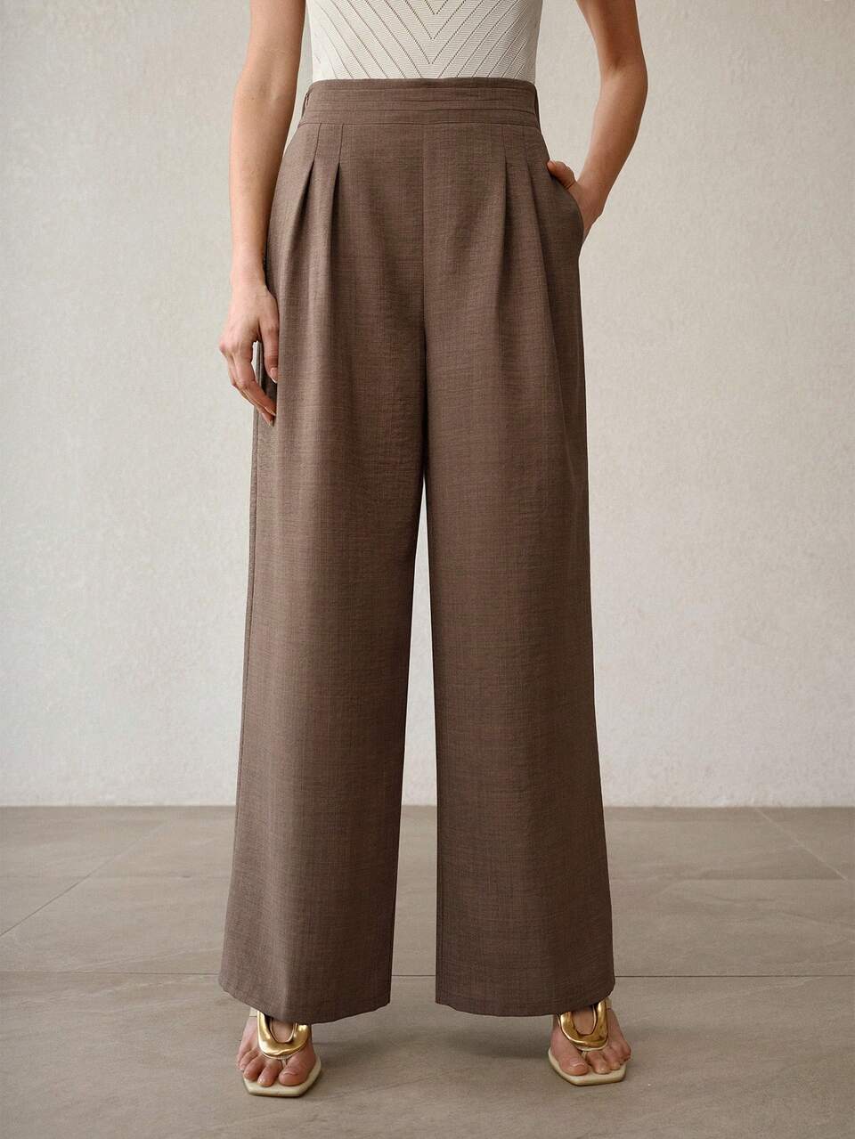 MOTF SOLID HIGH WAIST FOLD PLEATED WIDE LEG PANTS