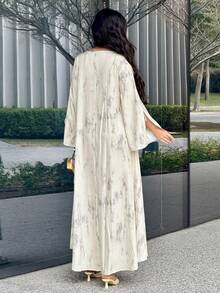 Al Najma 女士优雅度假风刺绣扎染印花喇叭袖宽松连衣裙，春秋季 - 卡其色 - 查看 4