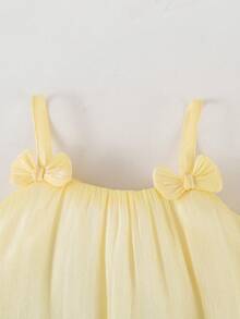 SHEIN Gaun Tanpa Lengan Motif Bunga Warna Kuning Pucat Lucu untuk Bayi Perempuan Musim Panas, Gaun Pesta Elegan Mengembang dengan Pita dan Hem Berumbai untuk Liburan - Kuning - View 5