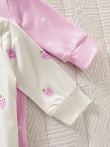 SHEIN Bộ quần áo 2 món cho bé gái sơ sinh, áo liền quần dài tay in hình dâu tây dễ thương và thoải mái, chất liệu vải dệt kim mềm mại, co giãn, cài nút dễ dàng, phù hợp cho mùa xuân/thu, 0-9 tháng tuổi, màu hồng và trắng. - Màu tím - Xem 5