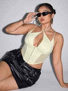 SHEIN ICON 黑色钩扣网眼拼接露脐吊带背心式紧身胸衣 - 杏色 - 查看 5