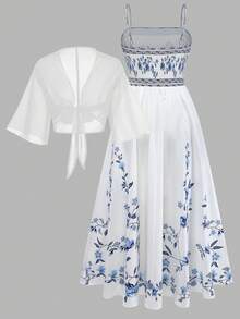 SHEIN Franclia 大码女式碎花雪纺连衣裙和外套两件套，优雅夏季套装 - 藍白色 - 查看 2