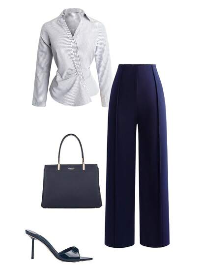 Franclia Plus Size Women French Casual Elegant Striped Shirt & Pants 2 Pieces Set