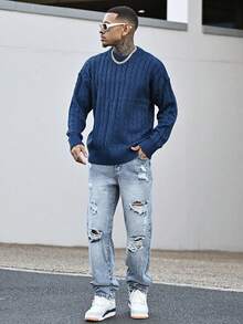 Devon Thys White Yue 男士时尚休闲加厚扭绳纽扣落肩圆领毛衣，适合通勤、秋冬新款、圣诞节、新年穿着，长袖上衣 - 寶藍色 - 查看 5