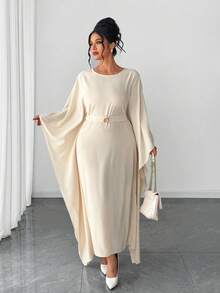 Elenzga Plus Size Women's White Autumn Modest Crinkle Elegant Office Middle Eastern Round Neck Cinched Waist Batwing Sleeve Abaya Maxi Dress - Apricot - View 5