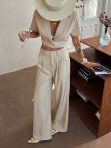 Livesso Women's Elegant Collared Short Sleeve Top And Casual Pants 2 Pieces Set, Summer - Apricot - View 5